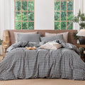 MooMee Gingham Duvet Cover Set 100% Washed Cotton Linen Like Textured Breathable Durable Soft Comfy Modern Checkered Design (Black White Gingham, Super Queen 90"x98")