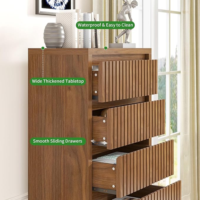 Fluted Tall 6 Drawer Dresser, Mid Century Dresser for Bedroom, 45 Inch Wood Chest of Drawers, Modern Closet Clothes Organizer, Walnut Wooden Storage for Living Room, Brown