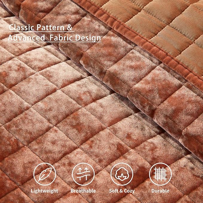LEAONME Velvet Quilt King Size-98''x106'', Lightweight Burnt Orange Velvet Comforter Set with 2 Pillow Shams, Soft Bedspread Coverlet Quilted Bedding Set for All Season