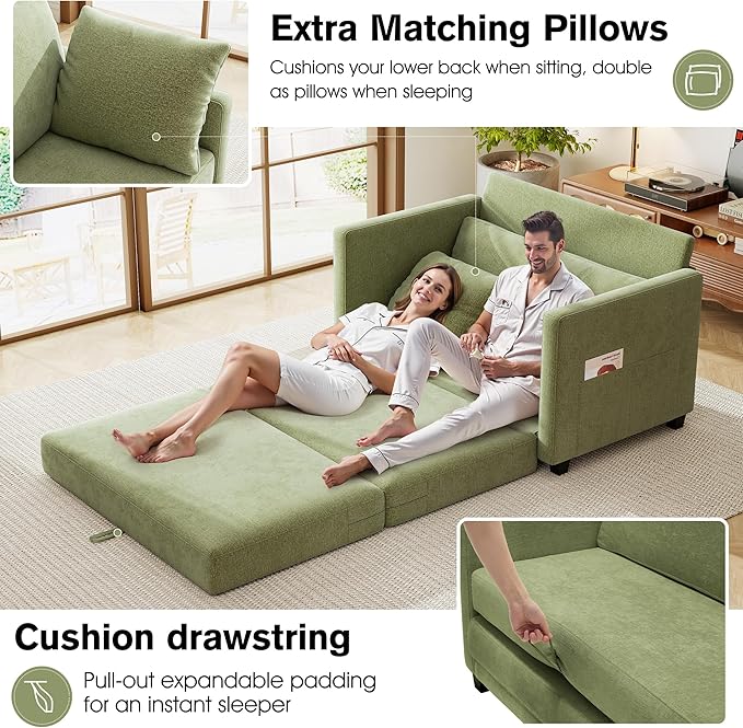 51" Loveseat Sleeper Sofa Bed, Chenille Convertible Floor Sofa Bed for Small Spaces, Folding Couch Bed with Deep Seat, 2 Pillows & Solid Frame, Pull Out Floor Couch for Living Room, Green