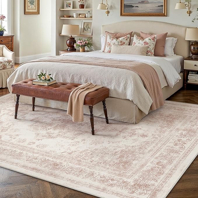 Washable Rug 9x12 Area Rug for Living Room Pink Vintage Boho Medallion Large Distressed Retro Carpet Non Slip Indoor Low Pile Small Soft Bedroom Dining Room Home Office