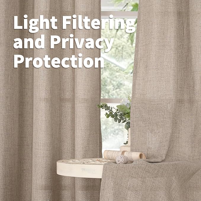 YoungsTex 95 lnch Long Oatmeal Linen Curtains 2 Panels for Living Room, Light Filtering Semi Sheer Window Treatments with Bronze Grommet Floor Length Drapes for Farmhouse Bedroom Dining, 52 X 95 Inch