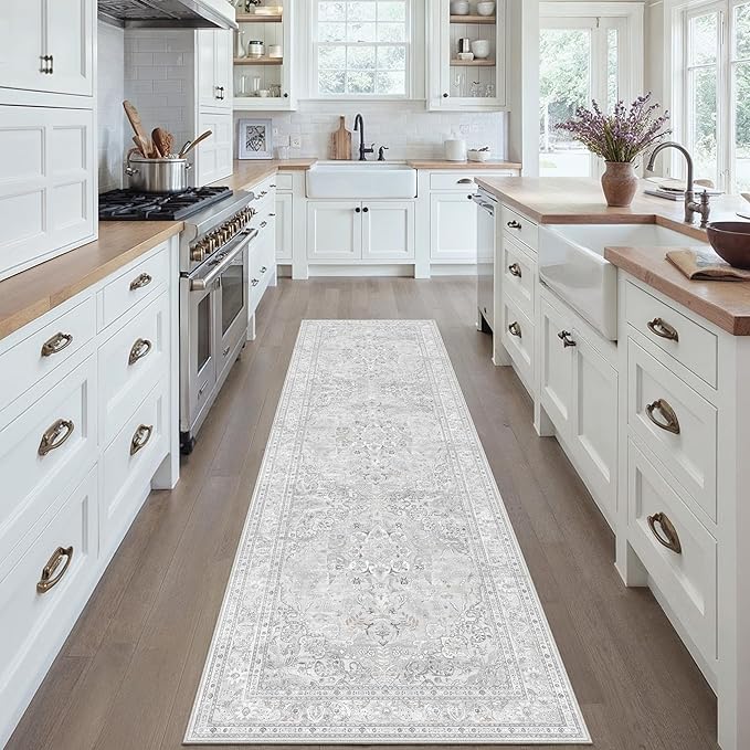 Grey 2x8 Runner Rug Washable Vintage Long Carpet for Hallway Kitchen Soft Retro Floral Low Pile Indoor Runner Non Slip Central Medallion Throw Rug for Bathroom Bedroom Laundry Dining Room