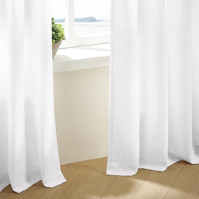 White Linen Curtains 80 Inches Long for Living Room Pinch Pleat Hooks for Living Room Back Tab Thick Linen Textured Pleated Drape Light Filtering Snow White Bedroom Window Curtain 80 Inch Length