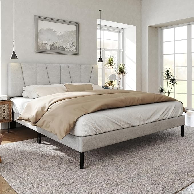 Queen Size Bed Frame with Fabric Upholstered Headboard, Platform Bed with Wooden Slats Support, Fully Mattress Foundation, Box Spring Optional, Easy Assembly