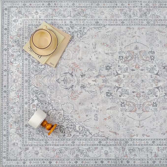 Grey 2x3 Area Rug Washable Vintage Small Carpet for Entryway Kitchen Soft Retro Floral Low Pile Thin Door Mat Non Slip Central Medallion Throw Rug for Bathroom Office Bedroom Dining Room