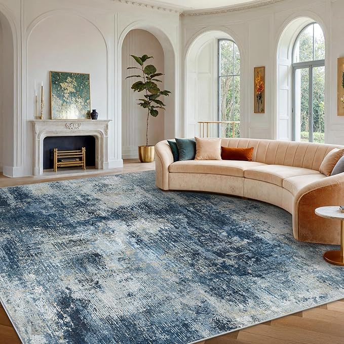 AMADA HOMEFURNISHING 8x10 Area Rugs for Living Room, Modern Washable Rug with Non-Slip Backing & Low Pile, Large Rug with Abstract Pattern for Bedroom, Dinning Room, Home Office, Navy Blue