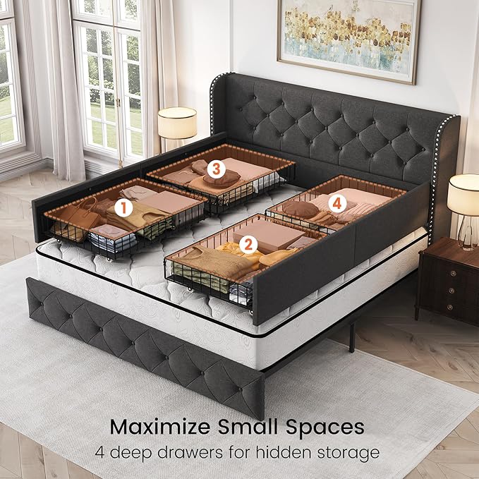 LARMACE Upholstered Queen Size Bed Frame with 4 Storage Drawers and Wingback Headboard Tufted Platform Bed Frame Linen Beds with Wooden Slats Support, Easy Assembly, Dark Grey