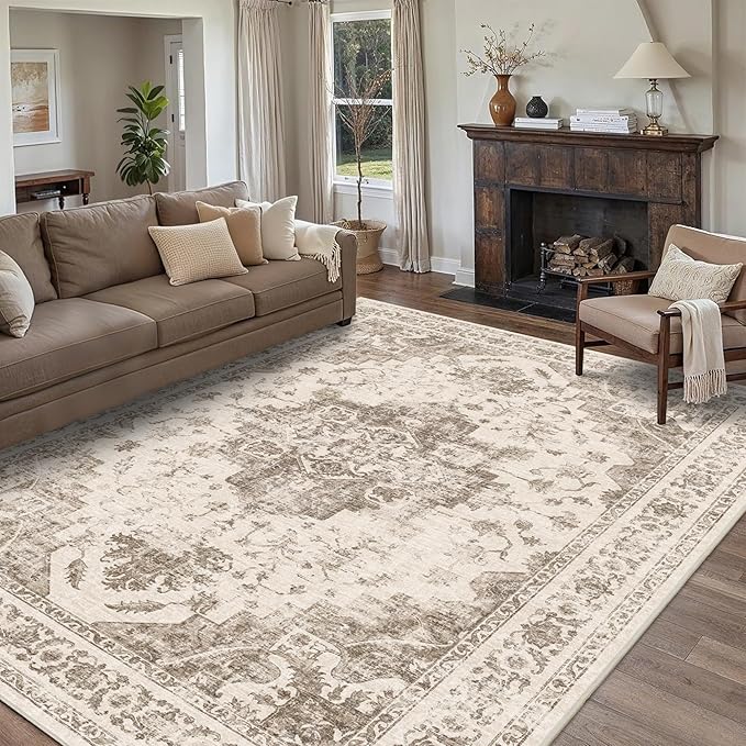 9x12 Vintage Washable Area Rugs Boho Medallion Large Distressed Retro Accent Carpet Floral Non-Slip Soft Low Pile Indoor Throw Rug for Living Room Bedroom Dining Room Office Kitchen, Taupe