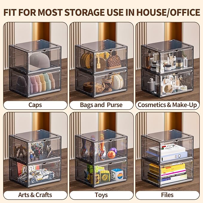 10 Pack XX Large Shoe Organizer, Heavy-Duty Hard Thicken Plastic Clear Stackable Shoe Storage Box Organizer for Closet, Space-Saving Shoe Rack Display Case Bin Containers for Sneakers, Grey