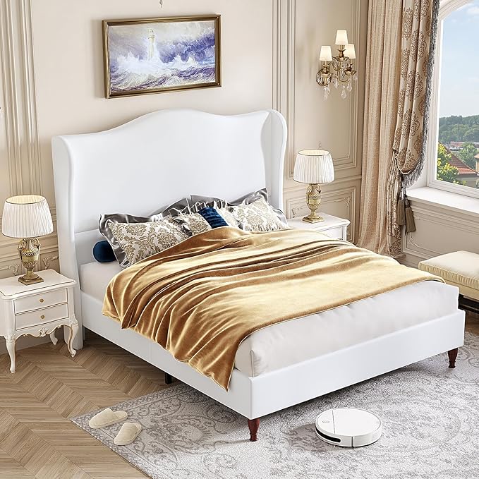 koorlian King Size Bed Frame with 51" Tall Headboard, Fully Upholstered Platform Bed Frame with with Soft Fabric, Sleigh Wingback, Solid Wood Retro Legs, Modern Minimalist Style, Easy Assembly, White
