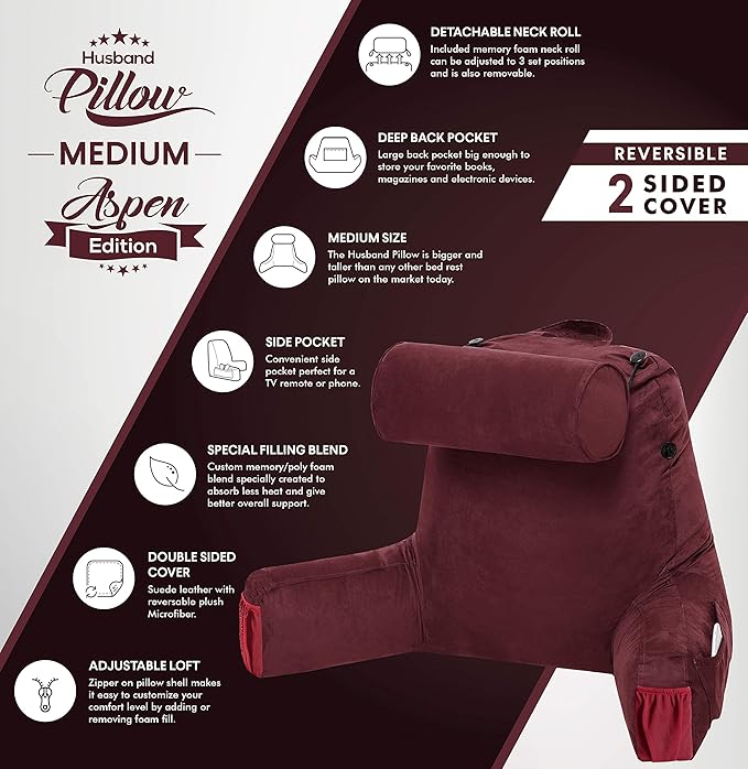 Husband Pillow Medium Aspen Edition Arizona Maroon, Sit Up Reading & Bed Rest with Arms, Ultra-Comfy, Detach Neck Roll - Premium Shredded Memory Foam Backrest, Reverses to Micro: Suede or Plush