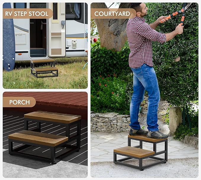 Two Step Stool for Adults Kids, Bed Step Foot Stool with Adjustable Non-Slip Feet, Portable Sturdy Metal Frame Stepping for Kitchen Bathroom Bedroom Living Room, Indoor or Outdoor Use, Rustic Brown