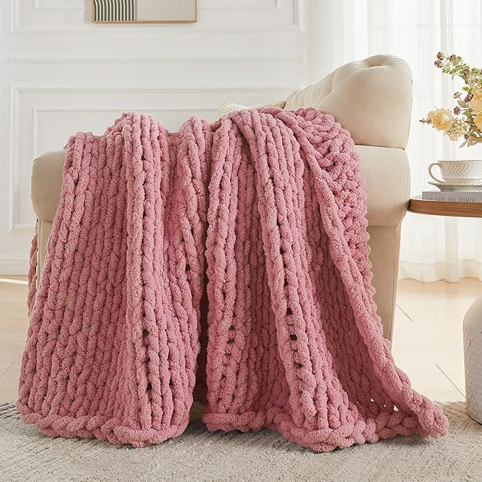 Carriediosa Chunky Knit Throw Blanket 60" X 80" Twin, 100% Hand Made Large Chenille Loop Yarn Soft Fluffy Throws for Couch Sofa Bed, Big Crochet Cozy Heavy Thick Cable Woven Blanket, Mauve