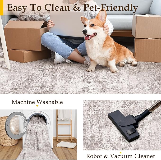 Washable Beige Area Rug 5x7 Modern Abstract Living Room Carpet Neutral Soft Bedroom Throw Rug Low Pile Non Slip Floor Cover for Office Laundry Dining Room Kitchen Bathroom