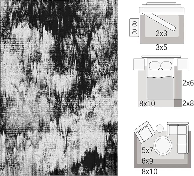 Area Rugs 8x10, Modern Abstract Machine Washable Rugs for Living Room Thin Carpet Indoor Floor Non-Shedding Carpets for Bedroom Dining Room Farmhouse Home Office | Black White