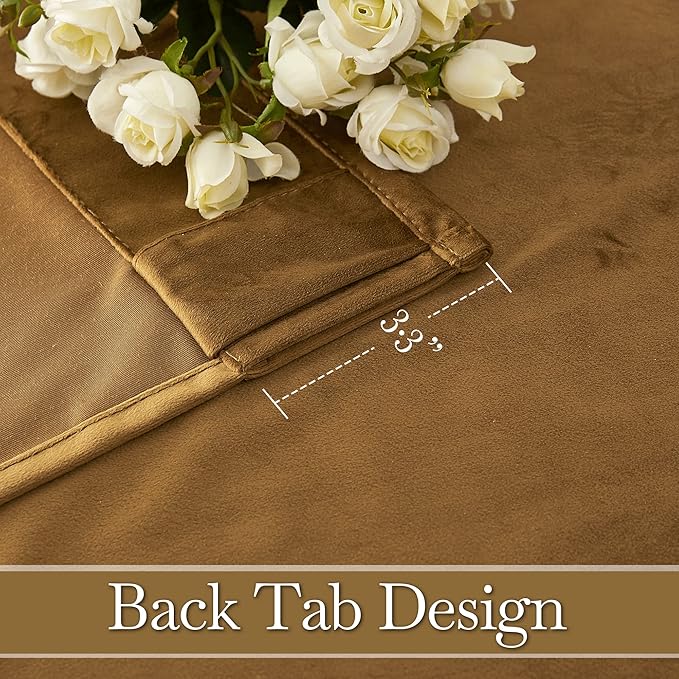 RYB HOME Velvet Curtains 96 inches, Soft Durable Drapes Room Darkening Privacy Window Treatment Farmhouse Decor for Living Room Sliding Glass Door, Golden Brown, W52 x L96 inches, Set of 2