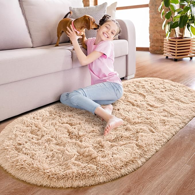 Noahas Fluffy Beige Rugs for Bedroom Living Room,2.6'X5.3' Oval Throw Rug for Kids Room,Shag Hallway Runner Rug,Small Soft Shaggy Bedside Non-Slip Plush Nursery Dorm Carpet Home Decor Aesthetic