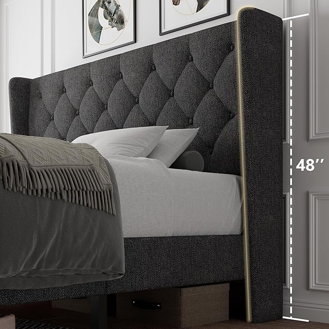 iPormis Queen Size Platform Bed Frame with Button Tufted Headboard, Upholstered Bed Frame with Solid Wooden Slats, 8" Underbed Space, No Box Spring Needed, Noise Free, Easy Assembly, Dark Gray