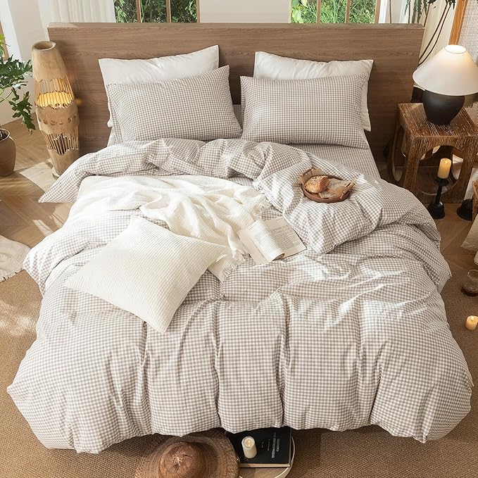 MooMee Gingham Duvet Cover Set 100% Washed Cotton Linen Like Textured Breathable Durable Soft Comfy Modern Checkered Design (Mini Gingham Tannish Linen Grey, Cal King 104"x98")