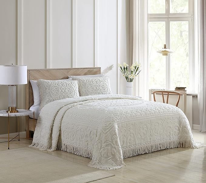 Beatrice Home Fashions Medallion Chenille Bedspread, King Sham, Ivory