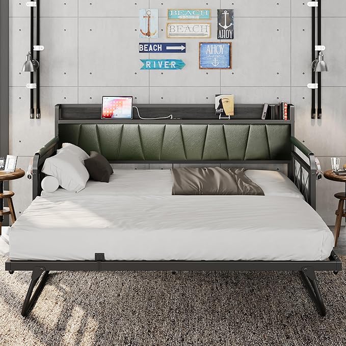 LIKIMIO Daybed with Trundle Bed, Twin Bed Frame with Storage Headboard and Charging Station, Sofa Day Bed with Strong Supports for Living Room, Bedroom, and Guest Room, Dark Green