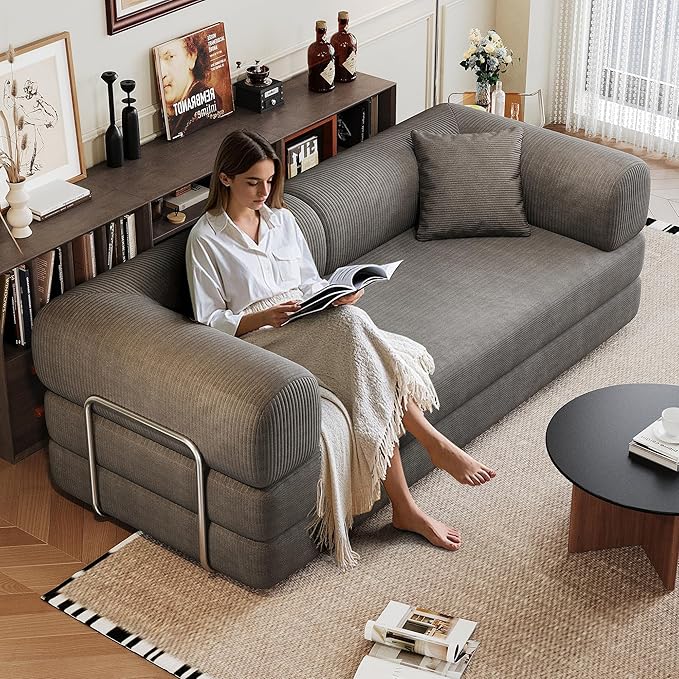 79" Convertible Sofa Bed, Corduroy Folding Pull Out Couch with Pillows, No Assembly Modern Boneless Couch Compression Sofa in Box, Floor Sofa with Support Rods for Living Room,Grey
