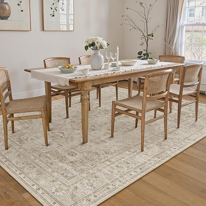 Brown 5x7 Area Rug Washable Vintage Carpet for Living Room Office Soft Retro Floral Low Pile Thin Indoor Rug Non Slip Central Medallion Floor Cover for Bedroom Dining Room
