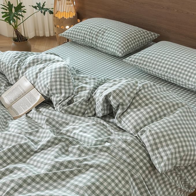 MooMee Gingham Duvet Cover Set 100% Washed Cotton Linen Like Textured Breathable Durable Soft Comfy Modern Checkered Design (Sage Green Gingham, Cal King 104"x98")