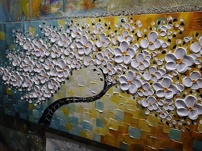 YaSheng Art - 100% Hand Painted Contemporary Art Oil Painting On Canvas Texture White 3D Flower Paintings Modern Home Bedroom Living Room Wall Decor Abstract Art Paintings 24x60inch