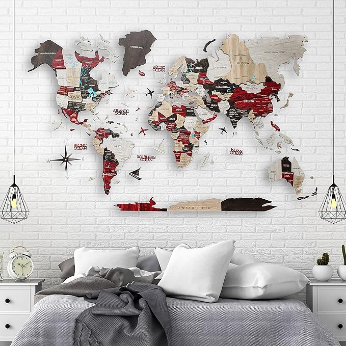 Handmade 3D Wood World Map Wall Art Large Wall Decor Track Your World Travels - Special for Home, Kitchen and Office (Medium, Urban)