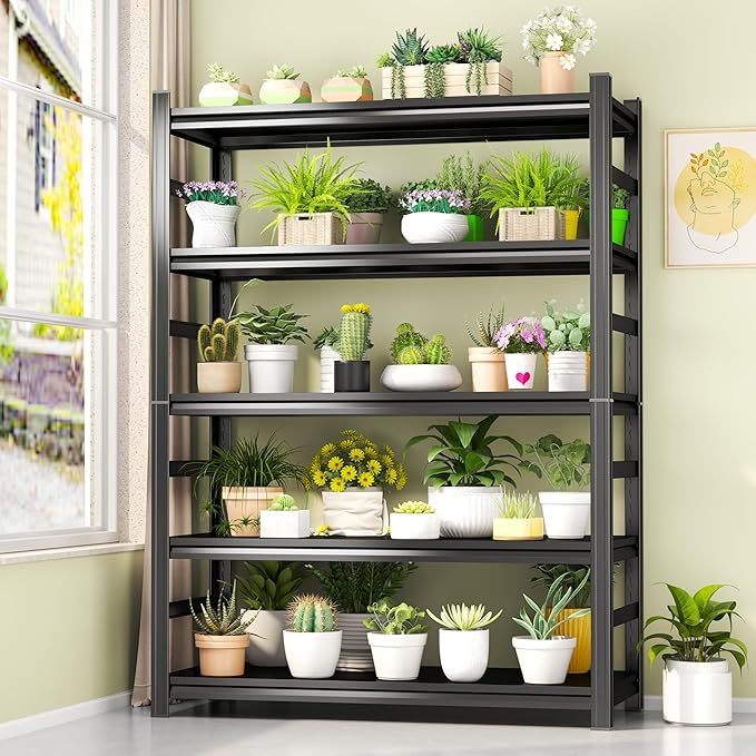Storage Shelves, Garage Metal Shelving Unit, Adjustable, Double-Layer Column with Reinforced Ribs, Heavy-Duty, Capable of Bearing 600-3600 lbs (Black, 45''W*16''D*63''H, 5-Tier)