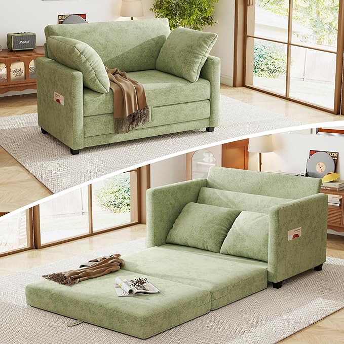 51" Loveseat Sleeper Sofa Bed, Chenille Convertible Floor Sofa Bed for Small Spaces, Folding Couch Bed with Deep Seat, 2 Pillows & Solid Frame, Pull Out Couch for Living Room, Light Green