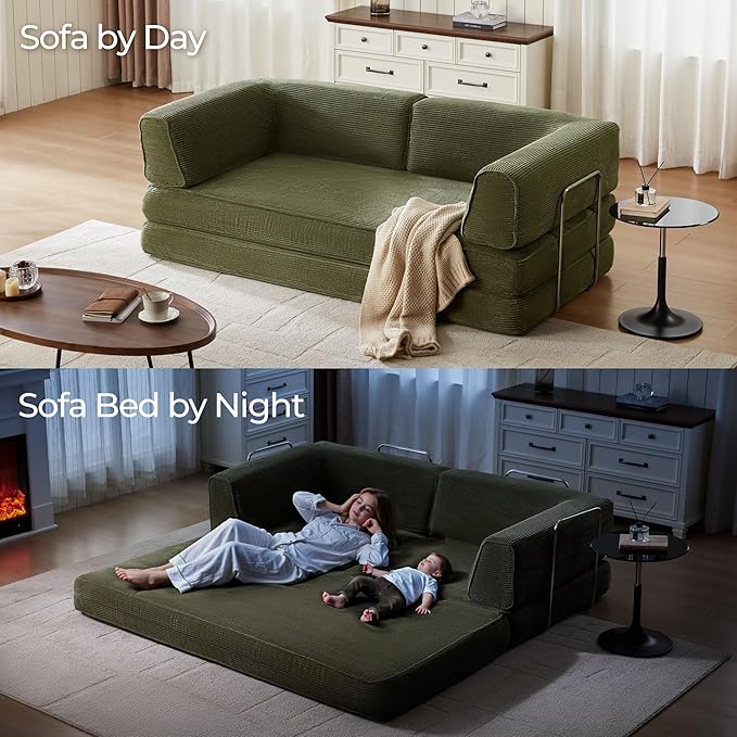 LINSY HOME 79'' Convertible Sofa Bed - Boneless Compression Sofa Folding Loveseat Sleeper - Foldable Corduroy Couch Bed for Living Room Bedroom - Modular Sectional Compressed Sofa in Box, Green
