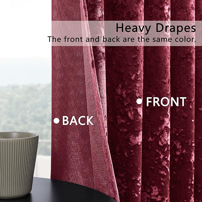 SMILETIME Burgundy Red Crushed Velvet Curtains 52x84inch Rod Pocket Luxurious Thermal Insulated Soundproof Drapes Soft and Durable Light-Filtering Window Treatments for Living Room Bedroom, 2 Panels