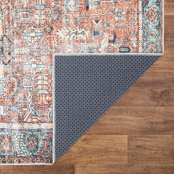 Bloom Rugs Washable Non-Slip 4' x 6' Rug - Orange/Blue Traditional Area Rug for Living Room, Bedroom, Dining Room, and Kitchen - Exact Size: 4' x 6'