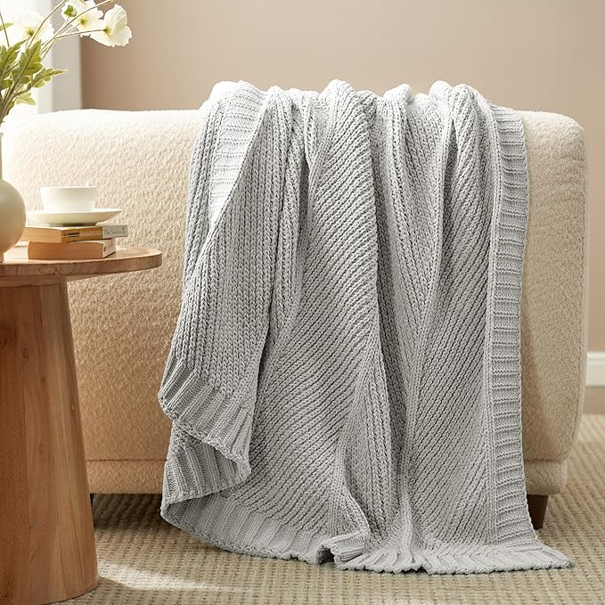 Amélie Home Chevron Chenille Knit Throw Blanket for Couch, Cozy Texture Decorative Soft Blanket for Sofa & Chair, 60"x80", Light Grey
