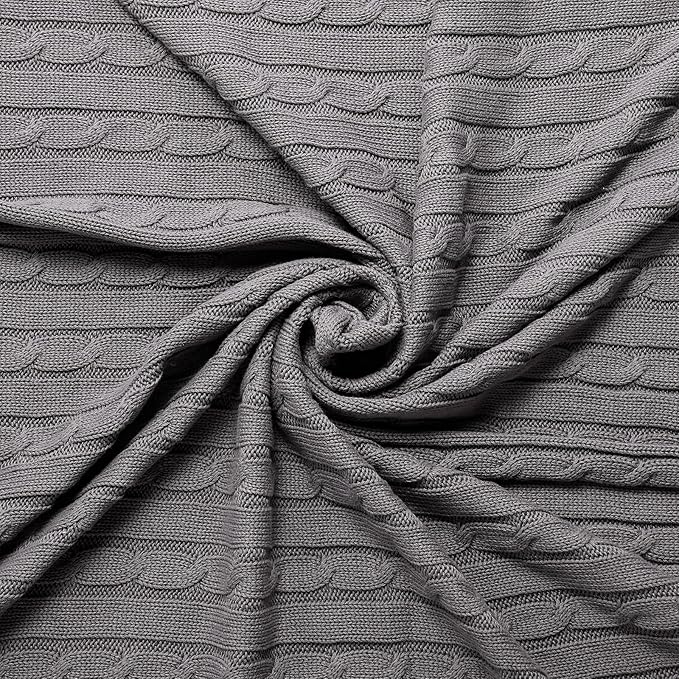 100% Cotton Cable-Knit Throw Blanket: 60" x 70", Ultra Soft, Breathable, All-Season Comfort & Versatility, Ideal for Couch, Bed, Travel and Gifting (Grey)