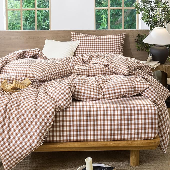 MooMee Gingham Duvet Cover Set 100% Washed Cotton Linen Like Textured Breathable Durable Soft Comfy Modern Checkered Design (Dark Orange Gingham, Oversized Queen 98"x98")