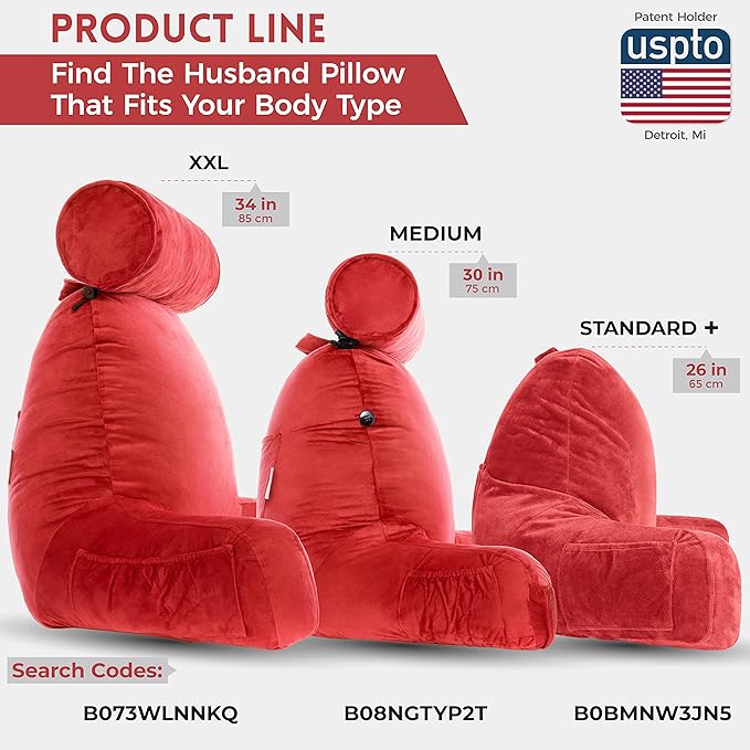 Husband Pillow Medium Red, Backrest for Kids, Teens, Petite Adults - Reading Pillows with Arms, Adjustable Loft, Plush Memory Foam, Bed Rest Chair for Sitting Up, Detach Neck Roll, Removable Cover