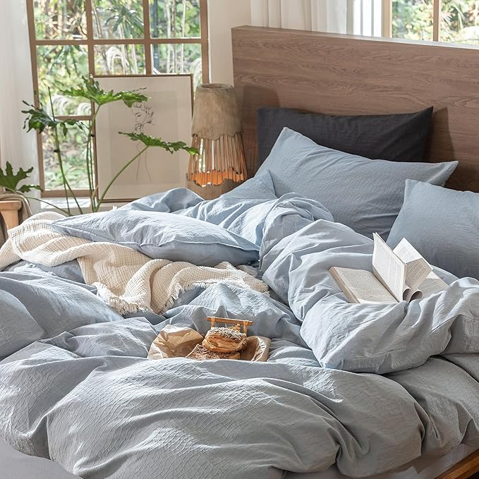 MooMee Wavy Striped Duvet Cover Set 100% Washed Cotton Linen Like Textured Breathable Durable Soft Comfy (Cornflower Blue, Cal King 104"x98")
