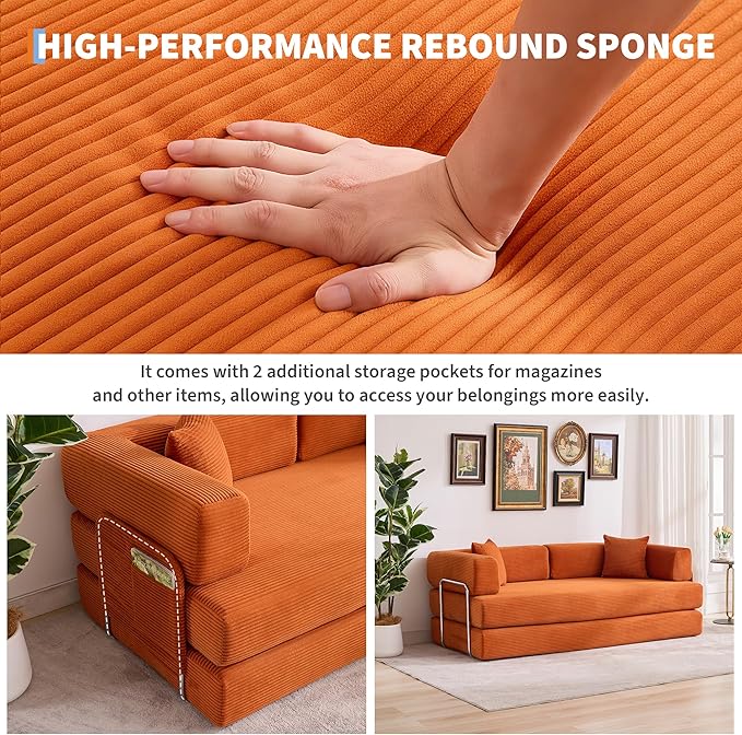 Garvee 5-in-1 Convertible Sofa Bed, 78.8" Modular Corduroy Sleeper with Sturdy Frame & No Assembly, Multi-Functional Futon for Small Space, Living Room & Guest Room (Orange)