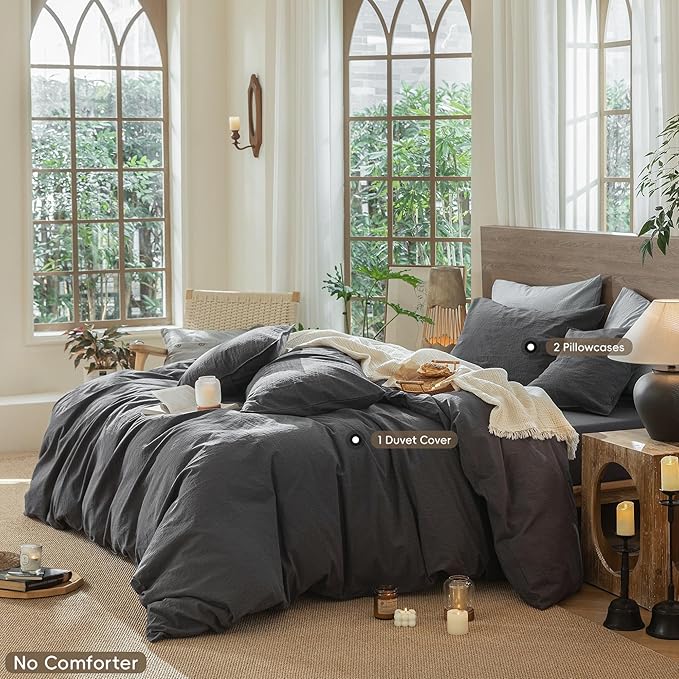 MooMee Wavy Striped Duvet Cover Set 100% Washed Cotton Linen Like Textured Breathable Durable Soft Comfy (Charocal Grey, Oversized Queen 98"x98")