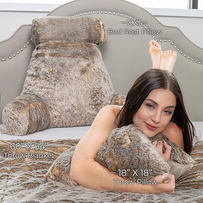 Husband Pillow XXL Ultra Rare Baby Chinchilla Backrest, Two-Tone Reversible Double Sided Fabulous Faux Fur Reading & Bed Rest Pillow with Arms & Neck Roll, Adjustable Memory Foam - Extremely Comfy