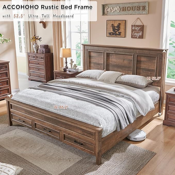 ACCOHOHO Farmhouse Queen Size Bed Frame with 52" Tall Headboard, Wood Platform Bedframe with Footboard and Storage Drawers, No Squeak, No Box Spring Needed, Light Brown