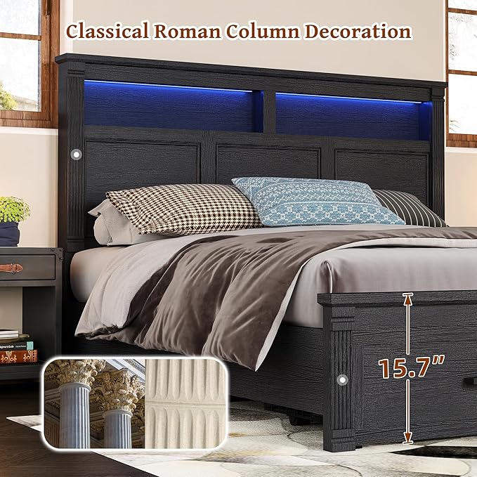53" Tall King Bed Frame with Headboard and Storage, 2 Drawers and LED Built in Charging Station Bed Frame King Size with Farmhouse Roman Column Decoration,No Box Spring Needed (Black)