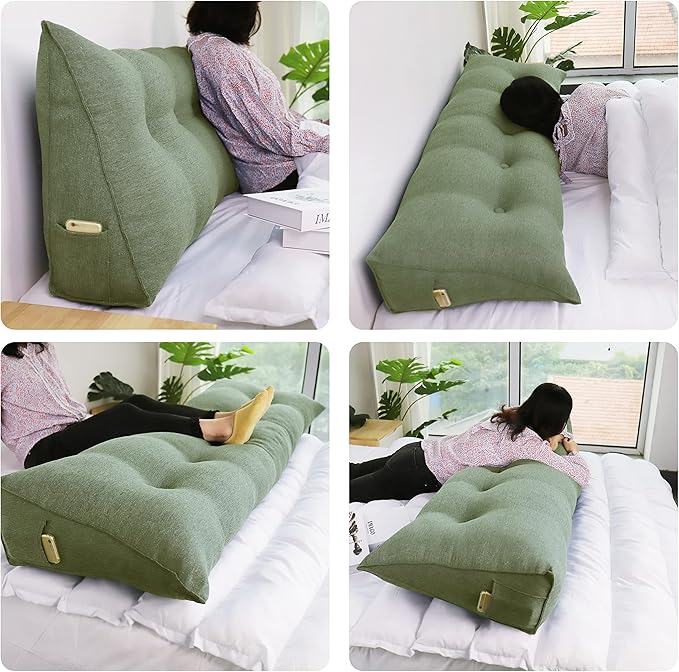 homecozy Wedge Headboard Pillow Dorm Room Reading Pillow Back Support for Sitting Up in Bed Bolster Lumbar Cushion Body Positioning Bedrest Cotton Linen 39in Grass Green Twin