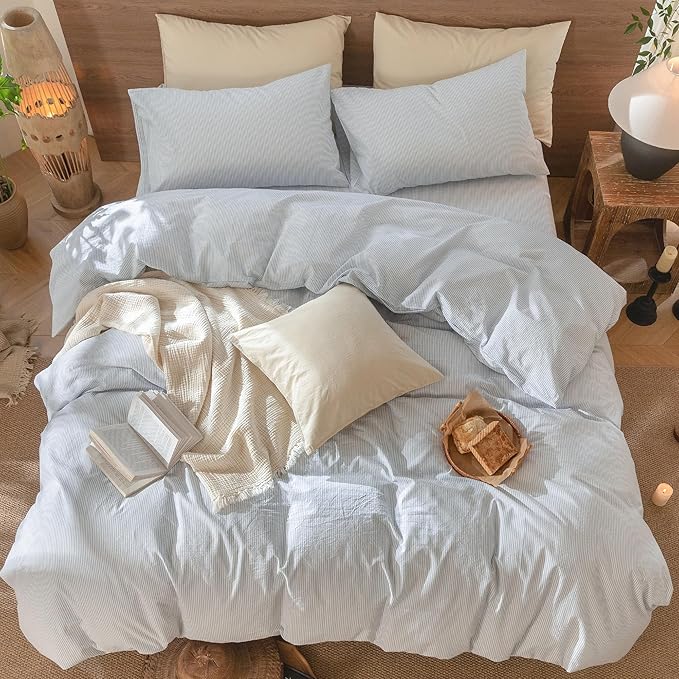 MooMee Striped Duvet Cover Set 100% Washed Cotton Linen Like Textured Breathable Durable Soft Comfy (Cornflower Blue White Pinstripes, Queen 90"x90")