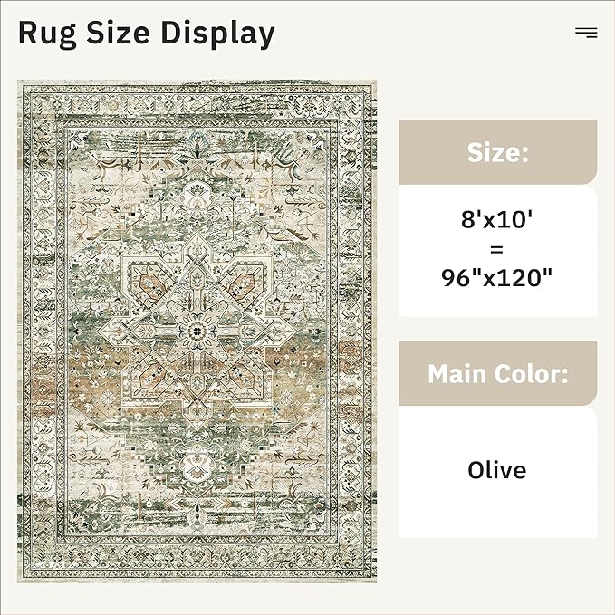 Washable Area Rug 8x10, Large Soft Rugs for Living Room Farmhouse Vintage Area Rugs for Bedroom Dining Room Non-Slip Stain Resistant Under Table Rug Olive Beige