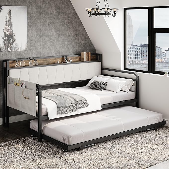 LIKIMIO Daybed with Trundle Bed, Twin Bed Frame with Storage Headboard and Charging Station, Sofa Day Bed with Strong Supports for Living Room, Bedroom, and Guest Room, Beige